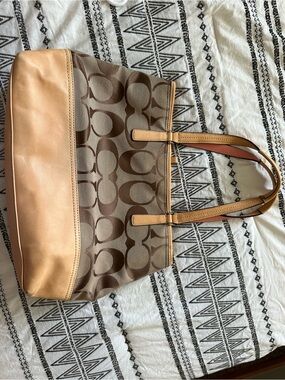 Coach Brown Signature Canvas Tote with Tan Leather Trim